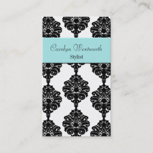 Pretty Black, white and Aqua Damask Business Card