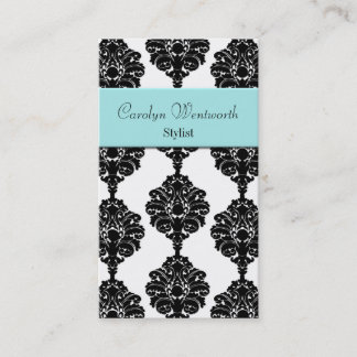 Pretty Black, white and Aqua Damask Business Card
