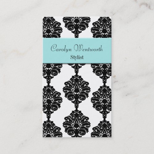 Pretty Black white and Aqua Damask Business Card