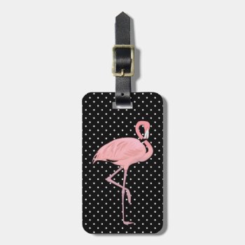Pretty Black & White Polka Dots With Flamingo Luggage Tag by DizzyDebbie at Zazzle