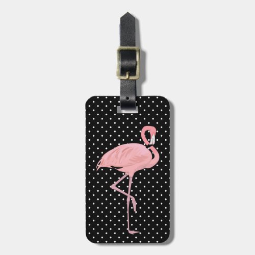 Pretty Black  White Polka Dots with Flamingo Luggage Tag