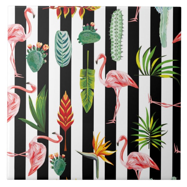 Pretty Black White Stripes with Flamingo Cactus Ceramic Tile (Front)