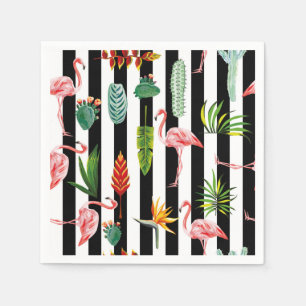 Pretty Black White Stripes with Flamingo Cactus Napkins