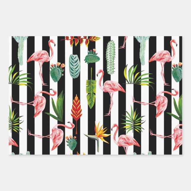 Pretty Black White Stripes with Flamingo Cactus Wrapping Paper Sheets (Front 3)