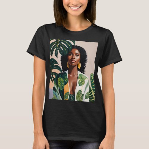 Pretty Black Woman Boho Botanical Portrait T_Shirt