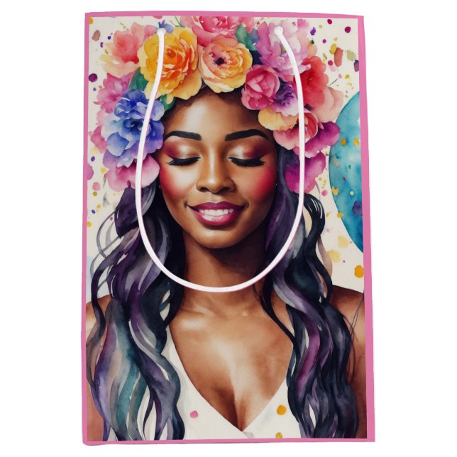 Pretty Black Woman Colorful Balloons Party Medium Gift Bag (Front)
