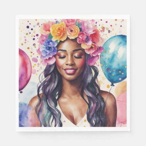 Pretty Black Woman Colorful Balloons Party Napkins