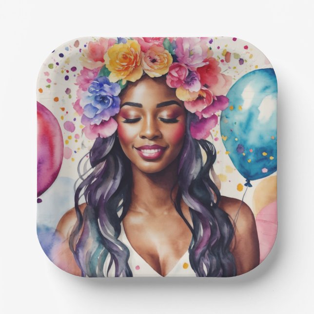 Pretty Black Woman Colorful Balloons Party Paper Plates (Front)