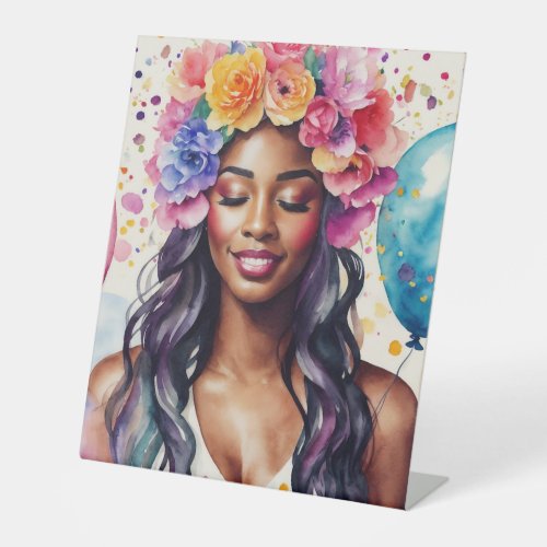 Pretty Black Woman Colorful Balloons Party Pedestal Sign