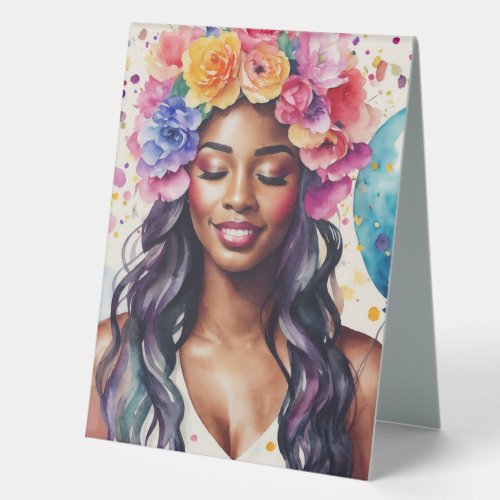 Pretty Black Woman Colorful Balloons Party Table Tent Sign