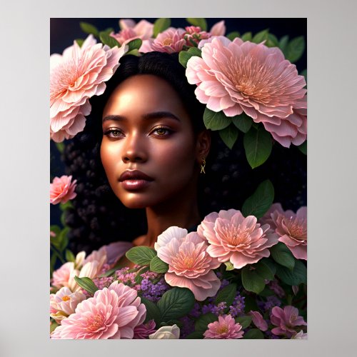 Pretty Black Woman Pink Flowers Digital Art  Poster