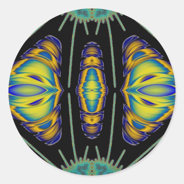 ~ Pretty Black Yellow Blue and Green Fractal ~ Classic Round Sticker (Front)
