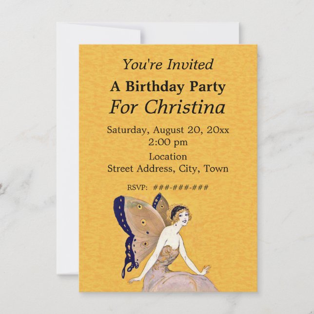 Pretty Blond Birthday Fairy Butterfly Wings Yellow Invitation (Front)