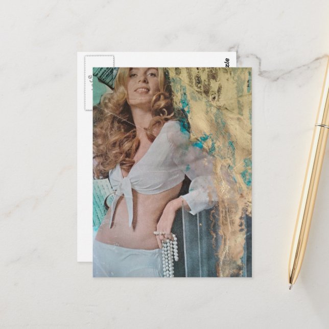 Pretty Blond lady with pearls Mixed media collage Postcard (Front/Back In Situ)