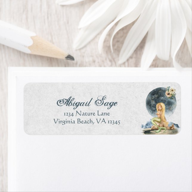 Pretty Blond Mermaid and Full Moon Beach Address Label (Insitu)