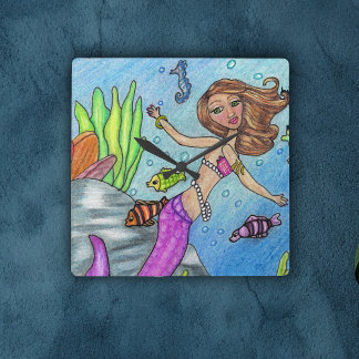 Pretty Blond Mermaid Pearls Pink Tail in Ocean Square Wall Clock