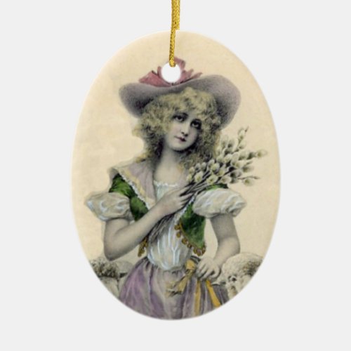 Pretty Blond Victorian Little Bo Peep Lady Sheep Ceramic Ornament