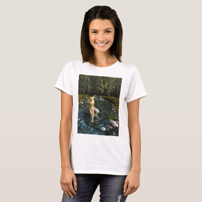 Pretty Blonde Fairy Paddling in a Forest Stream T-Shirt (Front Full)