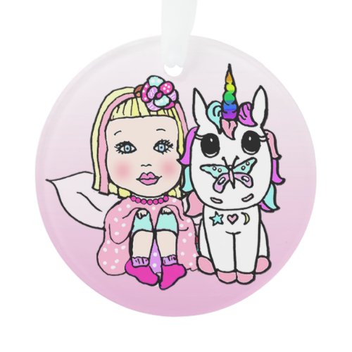Pretty Blonde Fairy &amp; Rainbow Unicorn &amp; Butterfly Ornament