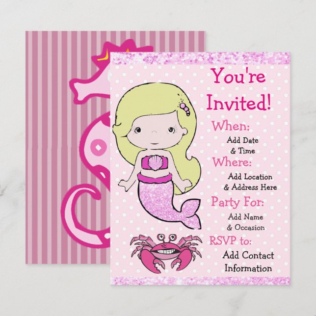 Pretty Blonde Mermaid Birthday Party Invitations (Front/Back)