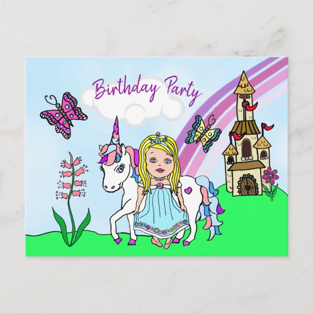 Pretty Blonde Princess and Unicorn Birthday Invite (Front)