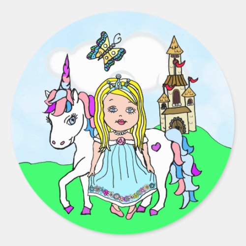 Pretty Blonde Princess and Unicorn Castle Classic Round Sticker
