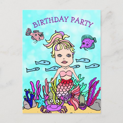 Pretty Blonde Purple Mermaid Birthday Invitations