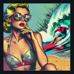 Pretty Blonde Retro Woman and Surfer Guy Acrylic Print<br><div class="desc">Pretty retro blonde pinup woman sitting on beach with sunglasses watching a hot surfer dude in vintage colors in a pop art comic style.</div>