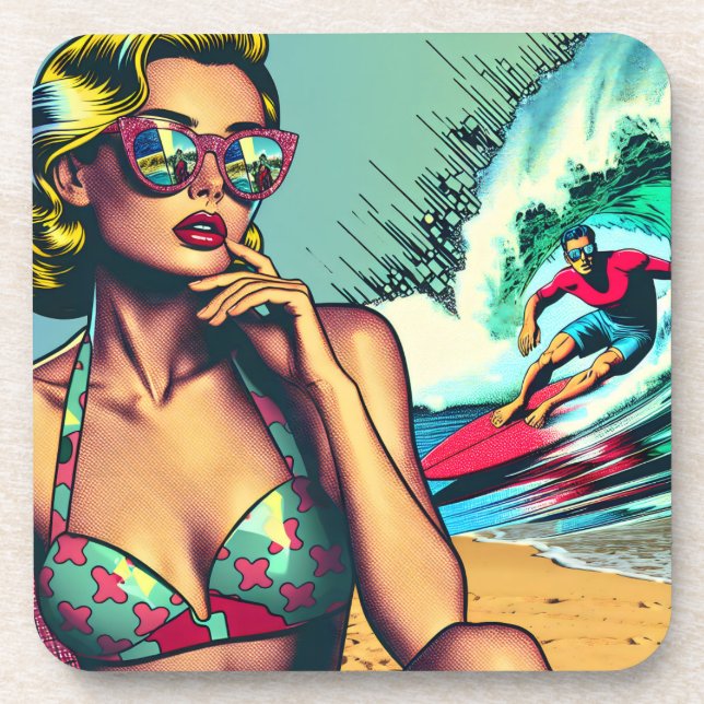 Pretty Blonde Retro Woman and Surfer Guy Beverage Coaster (Front)