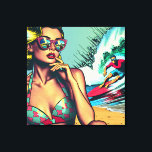 Pretty Blonde Retro Woman and Surfer Guy Canvas Print<br><div class="desc">Pretty retro blonde pinup woman sitting on beach with sunglasses watching a hot surfer dude in vintage colors in a pop art comic style.</div>
