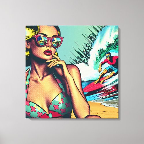 Pretty Blonde Retro Woman and Surfer Guy Canvas Print