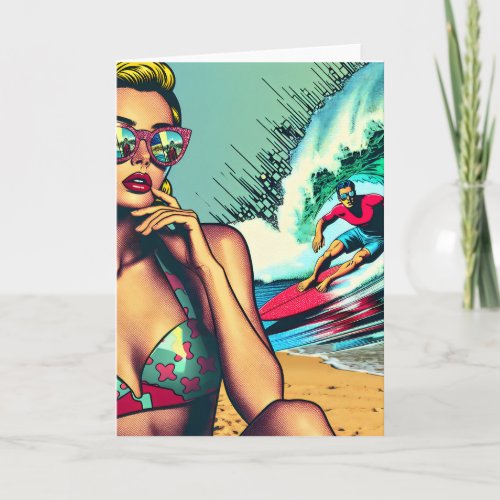 Pretty Blonde Retro Woman and Surfer Guy Card