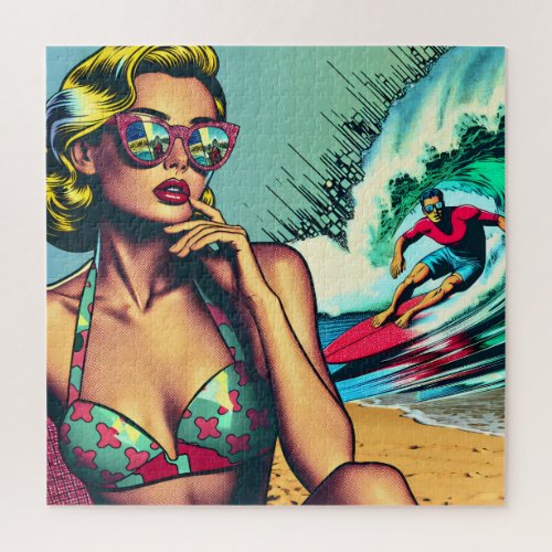 Pretty Blonde Retro Woman and Surfer Guy Jigsaw Puzzle