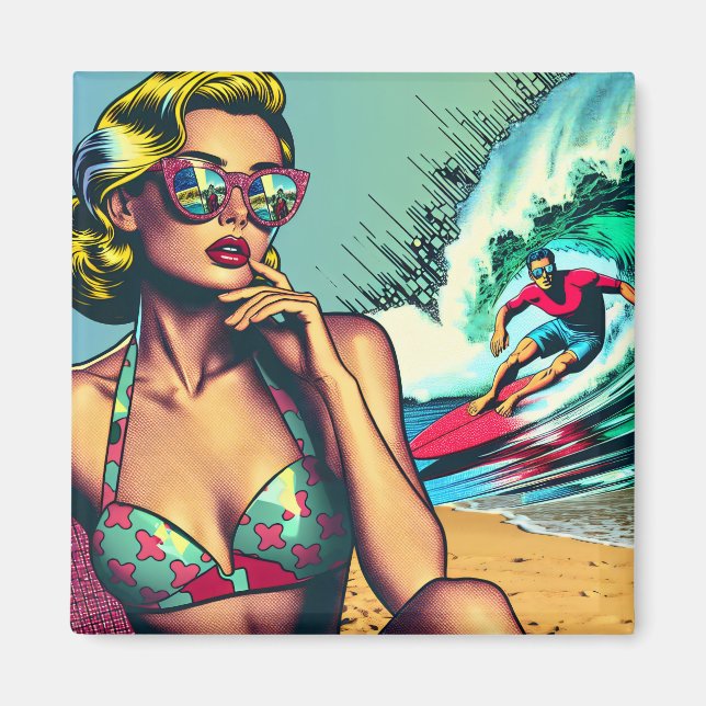 Pretty Blonde Retro Woman and Surfer Guy Magnet (Front)