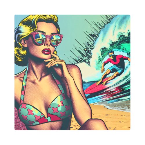 Pretty Blonde Retro Woman and Surfer Guy Metal Print