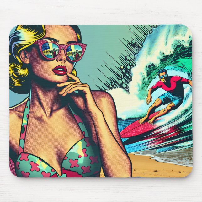 Pretty Blonde Retro Woman and Surfer Guy Mouse Pad (Front)