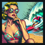 Pretty Blonde Retro Woman and Surfer Guy Photo Print<br><div class="desc">Pretty retro blonde pinup woman sitting on beach with sunglasses watching a hot surfer dude in vintage colors in a pop art comic style.</div>