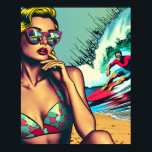 Pretty Blonde Retro Woman and Surfer Guy Poster<br><div class="desc">Pretty retro blonde pinup woman sitting on beach with sunglasses watching a hot surfer dude in vintage colors in a pop art comic style.</div>