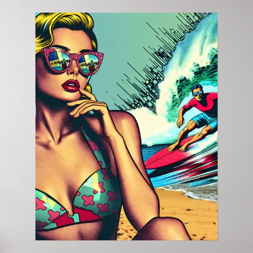 Pretty Blonde Retro Woman and Surfer Guy Poster