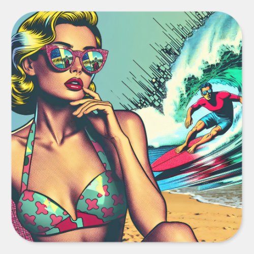 Pretty Blonde Retro Woman and Surfer Guy Square Sticker
