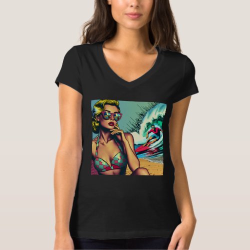 Pretty Blonde Retro Woman and Surfer Guy T_Shirt