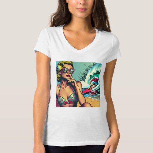 Pretty Blonde Retro Woman and Surfer Guy T_Shirt