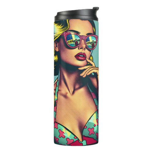 Pretty Blonde Retro Woman and Surfer Guy Thermal Tumbler