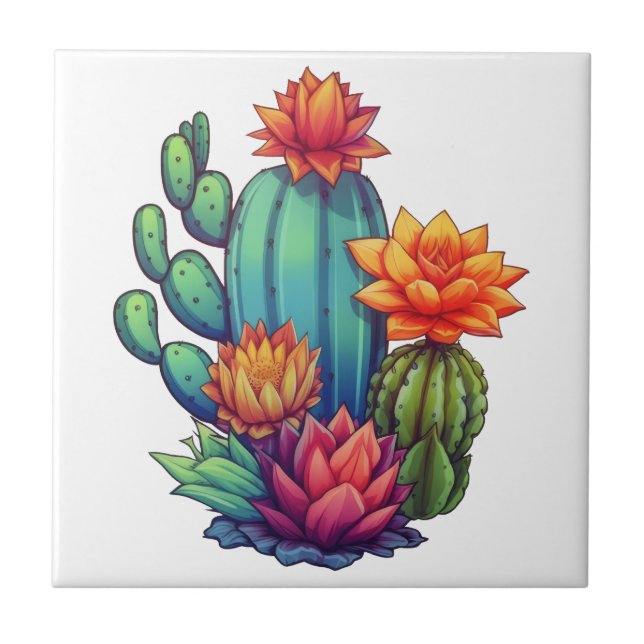 Pretty Blooming Cactus Ceramic Tile (Front)