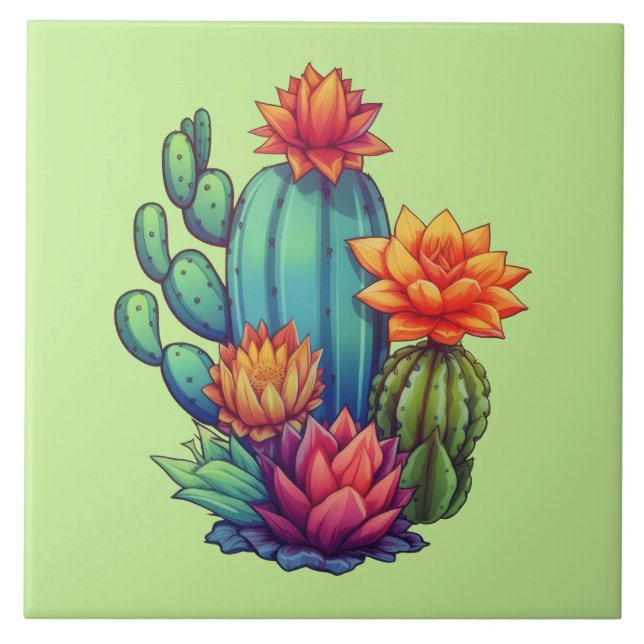 Pretty Blooming Cactus Ceramic Tile (Front)