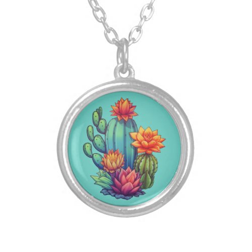 Pretty Blooming Cactus Silver Plated Necklace