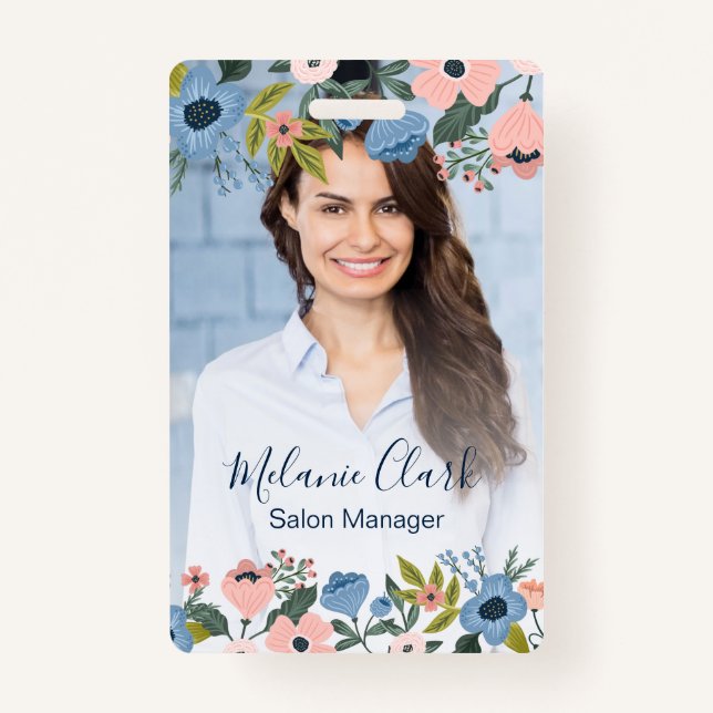 Pretty Blossom Pink & Blue Floral Frame Photo ID Badge (Front)