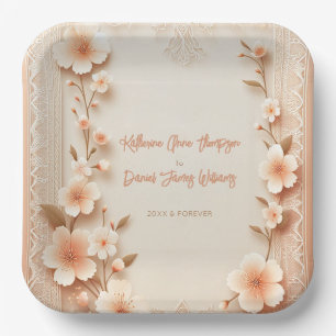 Pretty Blossoming Romantic Lace Peach Wedding Paper Plates