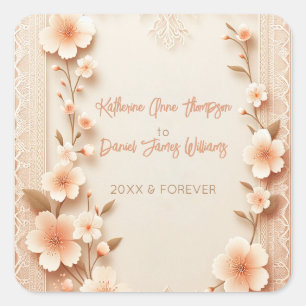 Pretty Blossoming Romantic Lace Peach Wedding Square Sticker