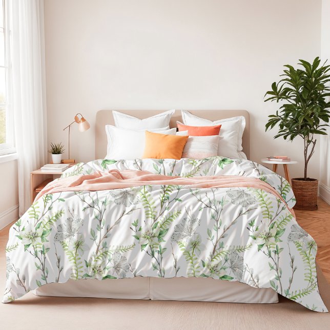 Pretty Blossoms Butterflies Green Ferns Duvet Cover (Creator Uploaded)